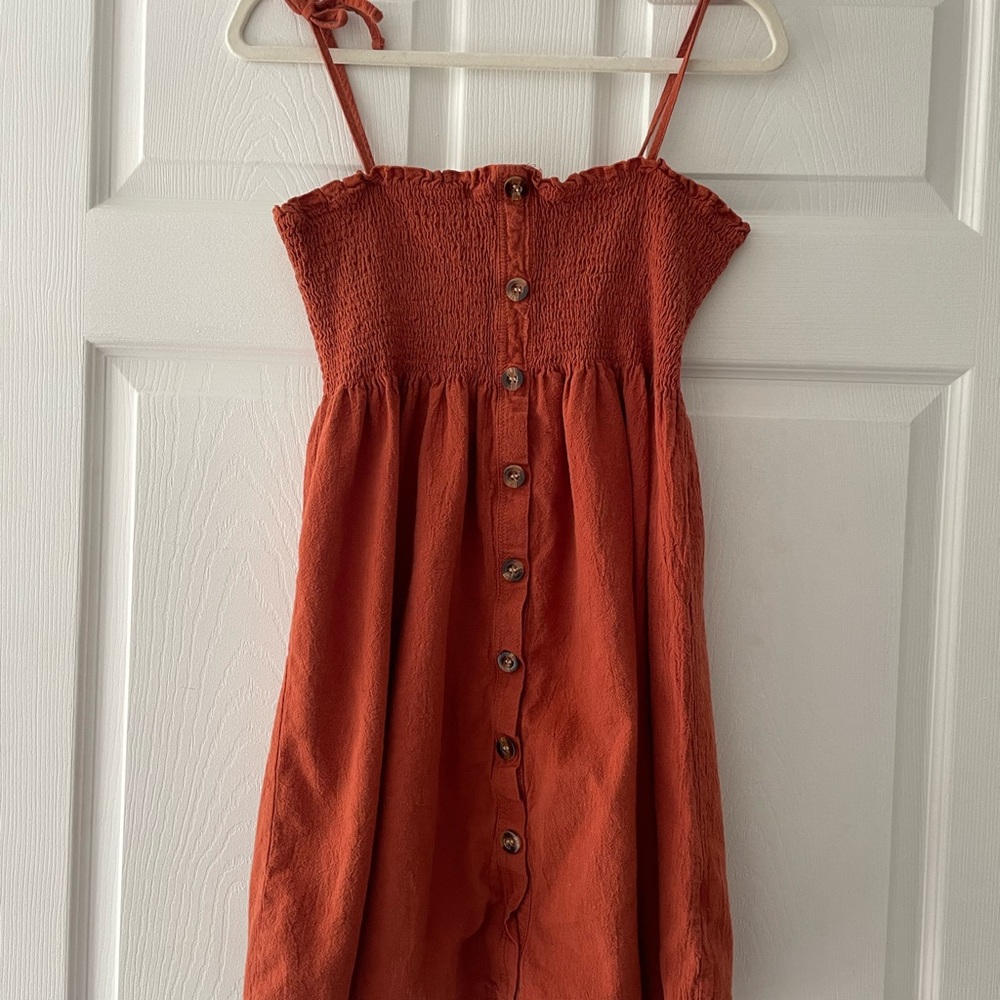 Ladies' Burnt Orange Large Dress Adjustable Spaghetti straps and Buttons, Ruffle